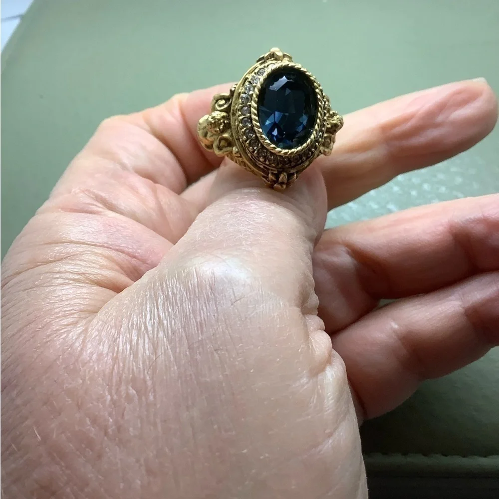 Gold tone blue & white Cubic Zirconia ring